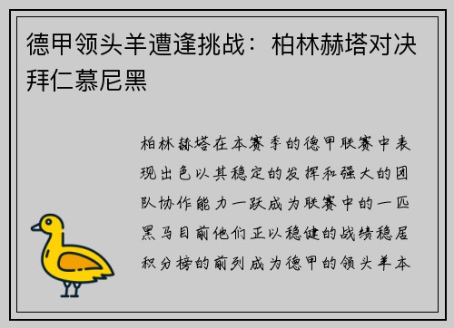 德甲领头羊遭逢挑战：柏林赫塔对决拜仁慕尼黑