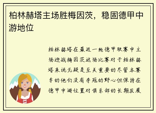 柏林赫塔主场胜梅因茨，稳固德甲中游地位