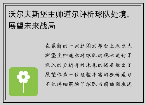 沃尔夫斯堡主帅道尔评析球队处境，展望未来战局