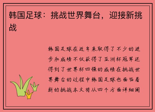 韩国足球：挑战世界舞台，迎接新挑战